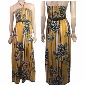Jealous Tomato Yellow Floral Multicoloured Graphic Smocked Halter Maxi D…